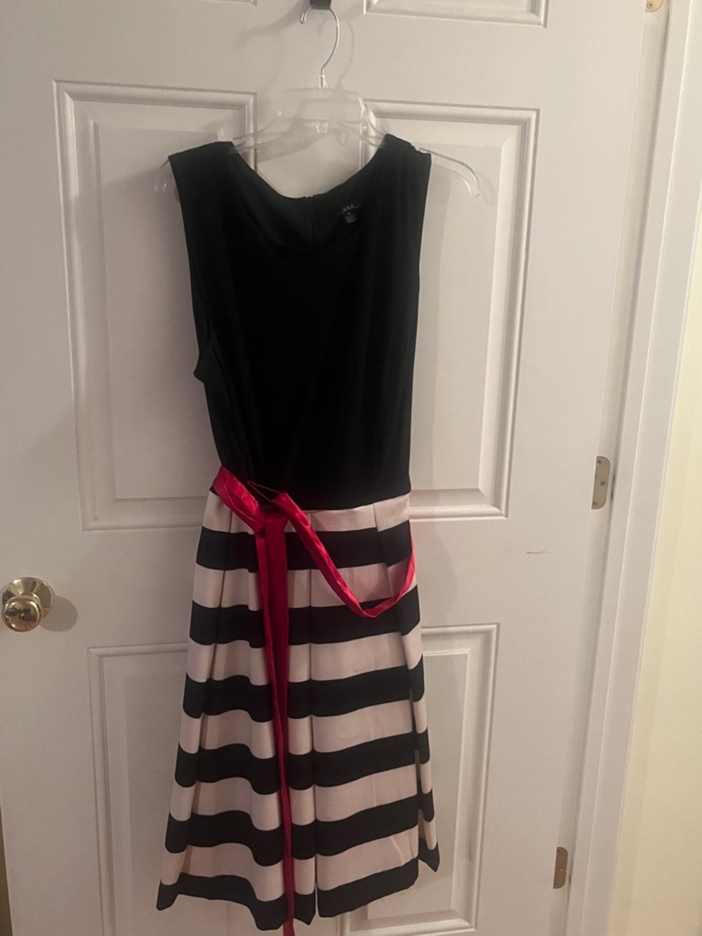 Black & Cream Striped Midi Dress with Red Sash